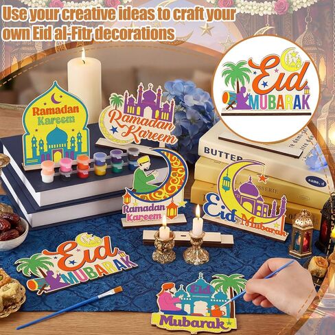 8 مجموعات خشبية لشهر رمضان والعيد، لافتات خشبية لعيد مبارك DIY مع شرائط طلاء وفرش طلاء، قم بطلاء رمضان كهدية للمسلمين، مستلزمات الحفلات الإسلامية، تزيين الطاولة in Kuwait