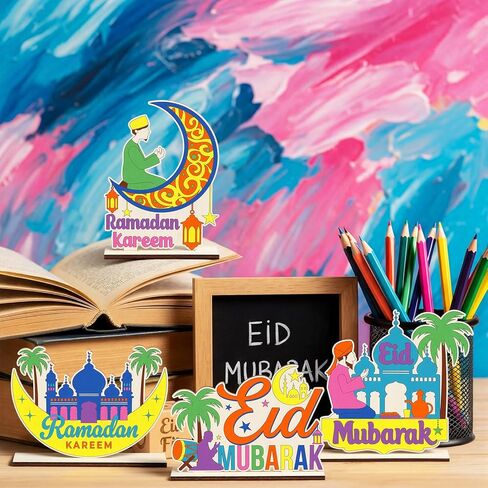 8 مجموعات خشبية لشهر رمضان والعيد، لافتات خشبية لعيد مبارك DIY مع شرائط طلاء وفرش طلاء، قم بطلاء رمضان كهدية للمسلمين، مستلزمات الحفلات الإسلامية، تزيين الطاولة in Kuwait