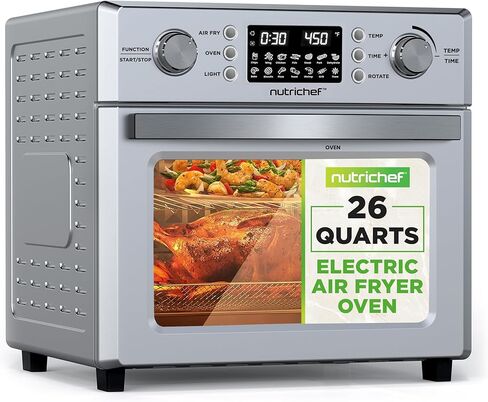 NutriChef 26L Electric Air Fryer Oven | 1700W Countertop Rotisserie & Air Fryer | 360° Rotating Feature | 10 Menu Presets | Includes Drip Tray, Air Frying Basket & Bake Rack 15x16x14 | Stainless Steel in Kuwait
