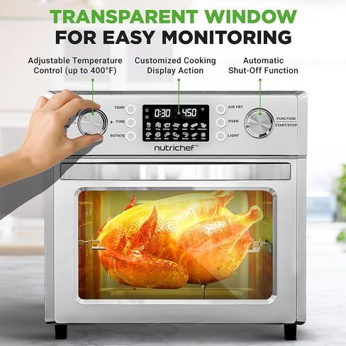 NutriChef 26L Electric Air Fryer Oven | 1700W Countertop Rotisserie & Air Fryer | 360° Rotating Feature | 10 Menu Presets | Includes Drip Tray, Air Frying Basket & Bake Rack 15x16x14 | Stainless Steel in Kuwait