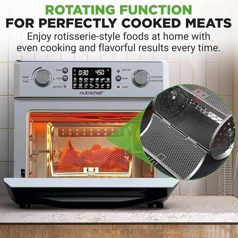 NutriChef 26L Electric Air Fryer Oven | 1700W Countertop Rotisserie & Air Fryer | 360° Rotating Feature | 10 Menu Presets | Includes Drip Tray, Air Frying Basket & Bake Rack 15x16x14 | Stainless Steel in Kuwait