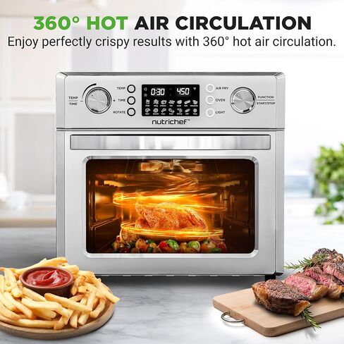 NutriChef 26L Electric Air Fryer Oven | 1700W Countertop Rotisserie & Air Fryer | 360° Rotating Feature | 10 Menu Presets | Includes Drip Tray, Air Frying Basket & Bake Rack 15x16x14 | Stainless Steel in Kuwait