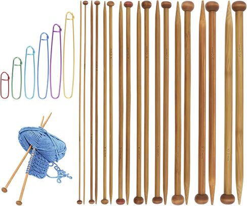 مجموعة 9 أزواج من إبر الحياكة المصنوعة من الخيزران مع 6 حوامل غرز، إبر حياكة خشبية ذات نقطة واحدة مقاس 2-10 مم، بطول 10 بوصات للأوشحة والقبعات والمبتدئين ومجموعة ملحقات الحياكة الكاملة in Kuwait