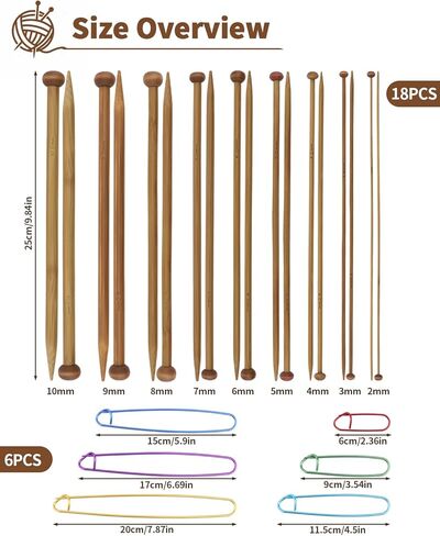 مجموعة 9 أزواج من إبر الحياكة المصنوعة من الخيزران مع 6 حوامل غرز، إبر حياكة خشبية ذات نقطة واحدة مقاس 2-10 مم، بطول 10 بوصات للأوشحة والقبعات والمبتدئين ومجموعة ملحقات الحياكة الكاملة in Kuwait