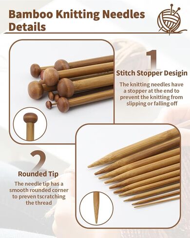 مجموعة 9 أزواج من إبر الحياكة المصنوعة من الخيزران مع 6 حوامل غرز، إبر حياكة خشبية ذات نقطة واحدة مقاس 2-10 مم، بطول 10 بوصات للأوشحة والقبعات والمبتدئين ومجموعة ملحقات الحياكة الكاملة in Kuwait