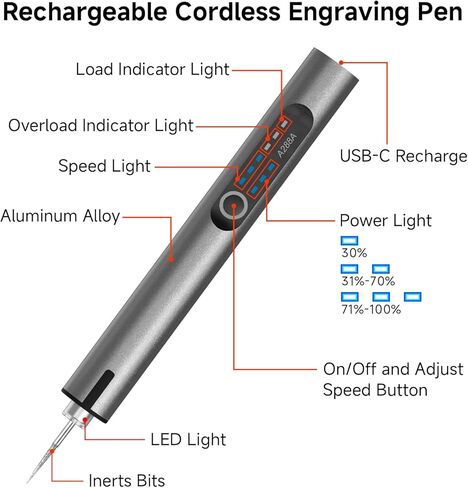 Cordless Electric Engraving Pen with 37 Bits, Portable USB-C Rechargeable Engraver Pen with LED Light - 3-Speed Precision DIY Etching Machine for Wood, Metal, Glass, Plastic, Jewelry & Craft in Kuwait