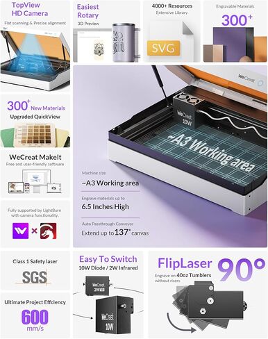 WECREAT Vista 10W Laser Engraving Machine with 9-in 1 Rotary, Smart HD Camera, Compact Diode Desktop Laser Engraver for Beginners DIY Hobbyist Wood Leather Glass Metal Jewelry Gifts Making in Saudi Arabia