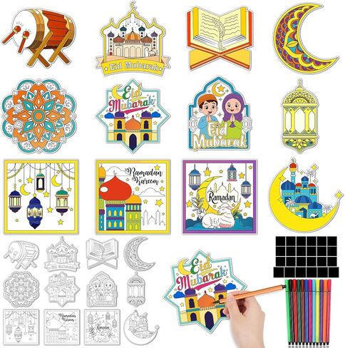 HOWAF 24 PCS Ramadan Crafts Fridge Magnet Kit, Color Your Own Eid DIY Fridge Magnet Include 24 Magnet Paint Pens Eid Mubarak Gifts for Kids Party Supplies Home School Activities in Saudi Arabia