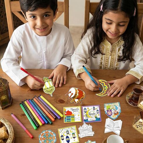 HOWAF 24 PCS Ramadan Crafts Fridge Magnet Kit, Color Your Own Eid DIY Fridge Magnet Include 24 Magnet Paint Pens Eid Mubarak Gifts for Kids Party Supplies Home School Activities in Saudi Arabia