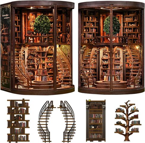 Roroom DIY Miniature House Kit، حلقات الحكمة، مجموعة كتب مستودع الكتب مع ضوء LED، طقم بيت الدمى المصغر ثلاثي الأبعاد لديكور رف الكتب - هدية إبداعية للعائلة والأصدقاء in Kuwait