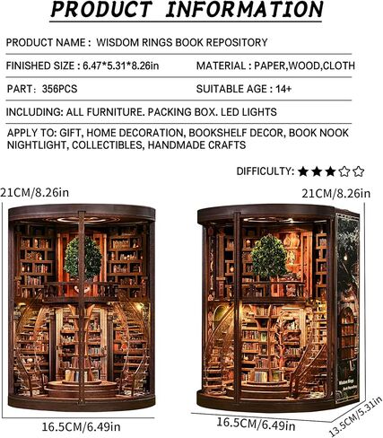 Roroom DIY Miniature House Kit، حلقات الحكمة، مجموعة كتب مستودع الكتب مع ضوء LED، طقم بيت الدمى المصغر ثلاثي الأبعاد لديكور رف الكتب - هدية إبداعية للعائلة والأصدقاء in Kuwait