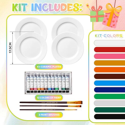 Vesici Paint Your Own Ceramic Plates Kit Includes 4 Porcelain Plates, 3 Paint Brushes and 12 Acrylic Paints & 1 Black Gift Box & 1 Palette Paintable for Birthday Christmas DIY Gifts Adults (7 Inch) in Saudi Arabia