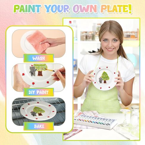 Vesici Paint Your Own Ceramic Plates Kit Includes 4 Porcelain Plates, 3 Paint Brushes and 12 Acrylic Paints & 1 Black Gift Box & 1 Palette Paintable for Birthday Christmas DIY Gifts Adults (7 Inch) in Saudi Arabia