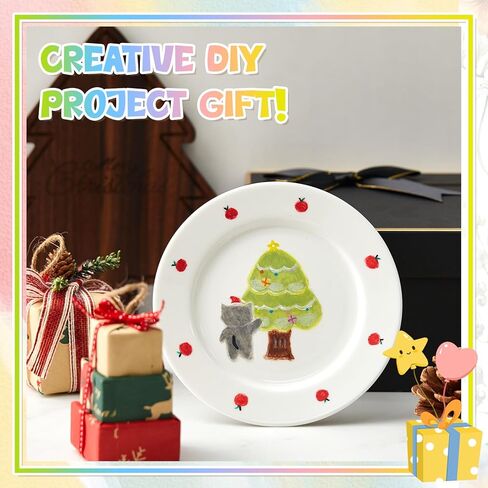 Vesici Paint Your Own Ceramic Plates Kit Includes 4 Porcelain Plates, 3 Paint Brushes and 12 Acrylic Paints & 1 Black Gift Box & 1 Palette Paintable for Birthday Christmas DIY Gifts Adults (7 Inch) in Saudi Arabia
