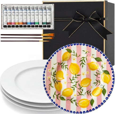 Vesici Paint Your Own Ceramic Plates Kit Includes 4 Porcelain Plates, 3 Paint Brushes and 12 Acrylic Paints & 1 Black Gift Box & 1 Palette Paintable for Birthday Christmas DIY Gifts Adults (7 Inch) in Saudi Arabia