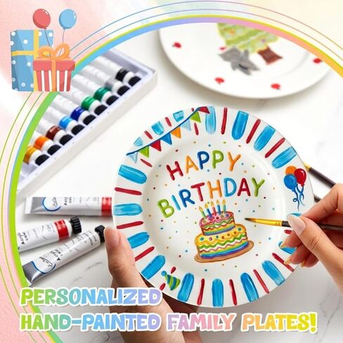 Vesici Paint Your Own Ceramic Plates Kit Includes 4 Porcelain Plates, 3 Paint Brushes and 12 Acrylic Paints & 1 Black Gift Box & 1 Palette Paintable for Birthday Christmas DIY Gifts Adults (7 Inch) in Saudi Arabia