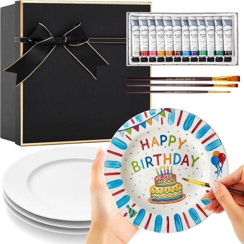 Vesici Paint Your Own Ceramic Plates Kit Includes 4 Porcelain Plates, 3 Paint Brushes and 12 Acrylic Paints & 1 Black Gift Box & 1 Palette Paintable for Birthday Christmas DIY Gifts Adults (7 Inch) in Saudi Arabia