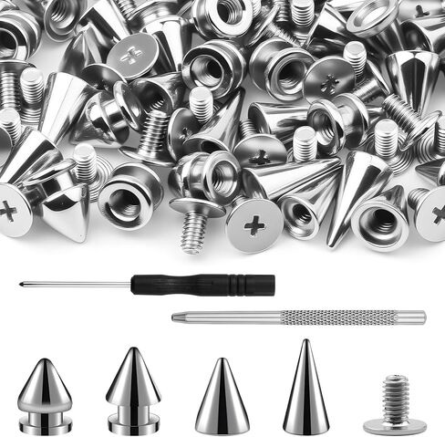 طقم مسامير ومسامير بانك 102 قطعة - 4 مسامير مخروطية بأحجام - مسامير مدببة على شكل شجرة معدنية للحرف الجلدية، ملابس على طراز الشرير، الحقائب، الأحزمة، تزيين الحرف اليدوية بنفسك in Kuwait
