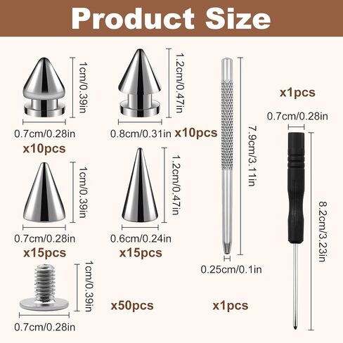 طقم مسامير ومسامير بانك 102 قطعة - 4 مسامير مخروطية بأحجام - مسامير مدببة على شكل شجرة معدنية للحرف الجلدية، ملابس على طراز الشرير، الحقائب، الأحزمة، تزيين الحرف اليدوية بنفسك in Kuwait