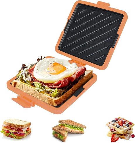 صانع شطائر الميكروويف، محمصة ساندويتش، صانع بانيني طبق غير لاصق، صانع الجبن المشوي والتوست، آمن للاستخدام في غسالة الأطباق، طهي سريع للخبز المحمص والسندويشات والبانيني والفطائر (برتقالي) in Kuwait