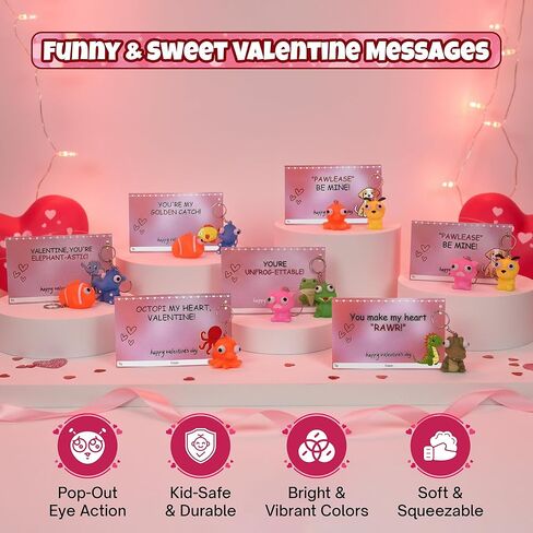 4E's Novelty 24 حزمة من بطاقات عيد الحب مع حيوانات عيون بارزة، سلسلة مفاتيح لعبة الضغط على العيون المنبثقة مع بطاقات، هدايا عيد الحب للأطفال في الفصل الدراسي لتبادل هدايا حفلات الأطفال بالجملة in Kuwait