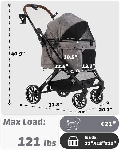 797Audio Dog Stroller for Small Medium Dogs, Pet Stroller for Cats Puppy Up to 121lbs,Foldable,One Click Folding,4 Wheel Shock Absorption,Adjustable Canopy with Sun Shades,Removable Washable Pad(Grey) in Saudi Arabia