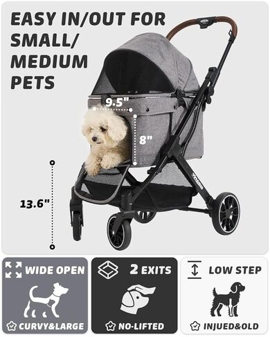 797Audio Dog Stroller for Small Medium Dogs, Pet Stroller for Cats Puppy Up to 121lbs,Foldable,One Click Folding,4 Wheel Shock Absorption,Adjustable Canopy with Sun Shades,Removable Washable Pad(Grey) in Saudi Arabia