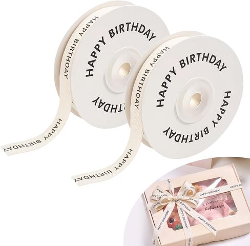 2 Pcs Happy Birthday Cotton Ribbon, 5/8 Inch x 10 Yards Natural Twill Tape, Durable Soft Cotton with Elegant Herringbone Texture for Crafts and Gift Wrap, Party Decorations Ribbon for Birthday Gifts in Saudi Arabia
