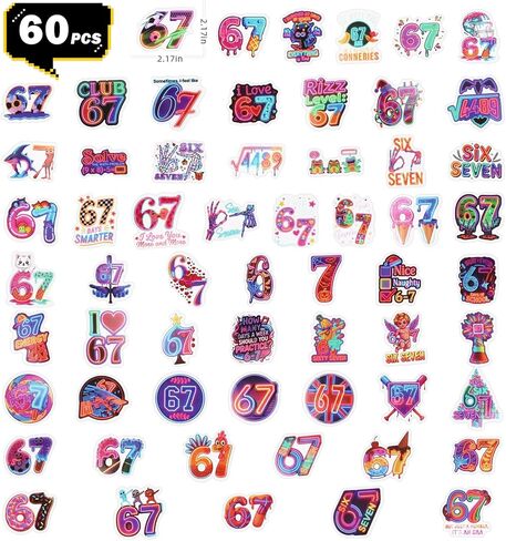 60PCS Six Seven Stickers,Funny 6 7 Stickers,6 7 Birthday Decorations Meme Stickers,67 Valentines Cards,Vinyl Waterproof Decal for Water Bottle, Laptop Stickers for DIY Decorate, Phone in Kuwait