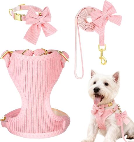 Cute Small Dog Collar Harness and Leash Set, Soft Adjustable No Choke Escape Proof Pet Harness Vest with Secure Metal Buckle, Breathable Soft Mesh Padded Dog Vest for Dogs Cats Pink Pack of 3 in Kuwait