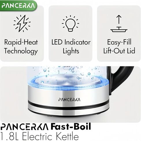 غلاية كهربائية، غلاية شاي كهربائية سعة 1.8 لتر مع إضاءة LED وزجاج بوروسيليكات عالي، غلاية ماء ساخن، إيقاف تلقائي، حماية من الغليان الجاف، قاعدة 360 درجة in Kuwait