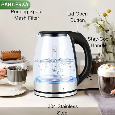 غلاية كهربائية، غلاية شاي كهربائية سعة 1.8 لتر مع إضاءة LED وزجاج بوروسيليكات عالي، غلاية ماء ساخن، إيقاف تلقائي، حماية من الغليان الجاف، قاعدة 360 درجة in Kuwait