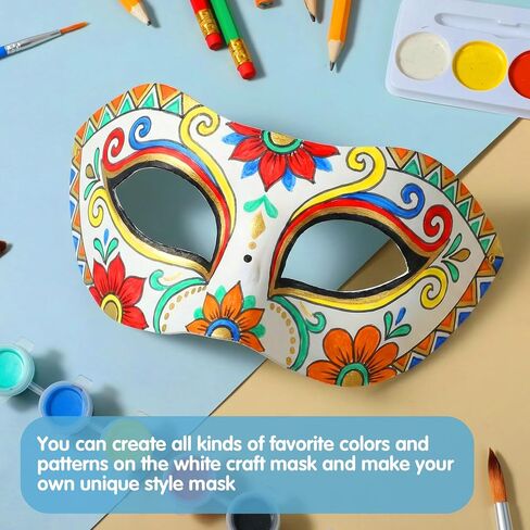 36 قطعة من أقنعة الورق الورقية، قناع تنكر نصف وجه DIY مصنوع يدويًا فارغًا لحفلات الهالوين التنكرية ماردي جراس، أبيض in Kuwait