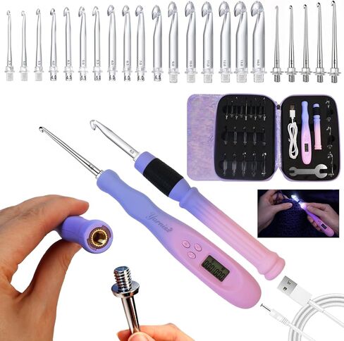 Yarniss 22 in 1 Lighted Counting Crochet Hook Set with Spiral Handle 2.0~14.0mm,Rechargeable Light Up Crochet Hook with Stitch Counter & Case,Gradiant Purple in Saudi Arabia