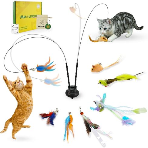 Upgraded Dual-Hole Suction Cup Cat Wand Toy - Single Base Holds 2 Steel Wire Wands - 9-Piece Interactive Teaser Set for Self-Play & Handheld, Perfect for Multi-Cat & High-Energy Kittens in Saudi Arabia