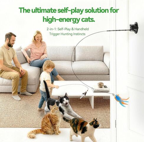 Upgraded Dual-Hole Suction Cup Cat Wand Toy - Single Base Holds 2 Steel Wire Wands - 9-Piece Interactive Teaser Set for Self-Play & Handheld, Perfect for Multi-Cat & High-Energy Kittens in Saudi Arabia