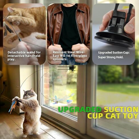 Upgraded Dual-Hole Suction Cup Cat Wand Toy - Single Base Holds 2 Steel Wire Wands - 9-Piece Interactive Teaser Set for Self-Play & Handheld, Perfect for Multi-Cat & High-Energy Kittens in Saudi Arabia