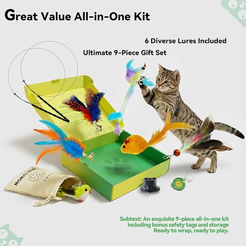 Upgraded Dual-Hole Suction Cup Cat Wand Toy - Single Base Holds 2 Steel Wire Wands - 9-Piece Interactive Teaser Set for Self-Play & Handheld, Perfect for Multi-Cat & High-Energy Kittens in Saudi Arabia