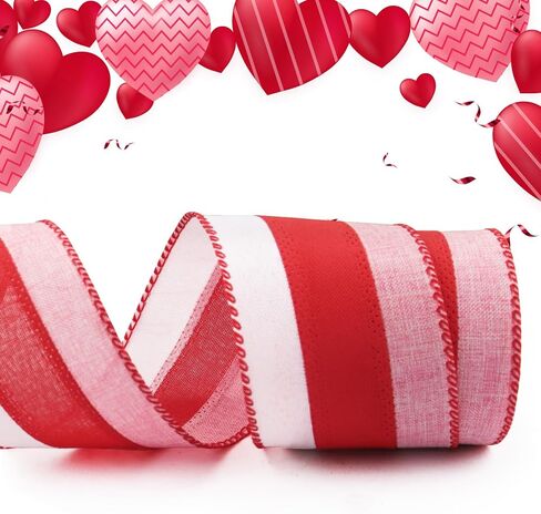 hying أشرطة الزفاف الحرفية لأقواس إكليل الزهور، 2.5 بوصة × 10 ياردة نمط مخطط أشرطة حافة سلكية أشرطة الخيش الأحمر الوردي لصياغة زينة الذكرى السنوية لوازم حفلات الربيع in Kuwait