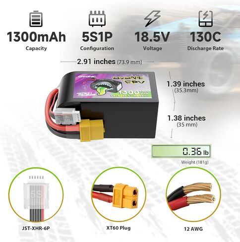 بطارية ليبو OVONIC 5S 1300 مللي أمبير في الساعة 18.5 فولت 130C مع قابس XT60 لشاحنة سيارة RC ومركبات RC وقارب بدون طيار وطائرة هليكوبتر وطائرة هليكوبتر FPV نماذج هواية السباق [عبوة واحدة تتضمن بطاريتين] in Kuwait