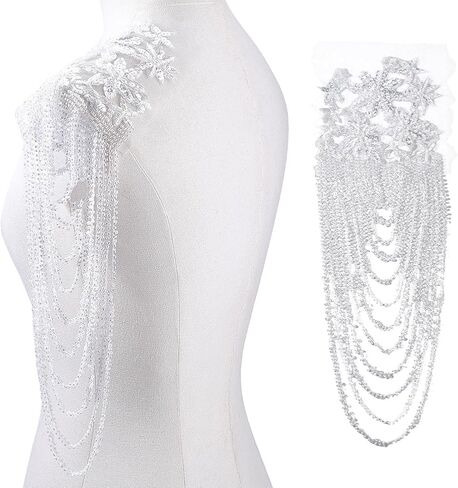 FINGERINSPIRE 1 Pair Handmade 3D Flower Rhinestone Applique 14.96~16.54inch Long White Sewing Crystal Fringe Beads Sequins Patches Embroidery Beaded Epaulettes for Evening Gown Wedding Dress Decor in Saudi Arabia