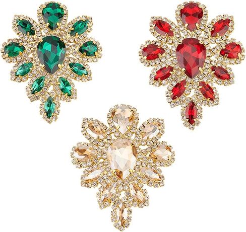 FINGERINSPIRE 3PCS Rhinestone Applique Siam Emerald Topaz Teardrop Shape Rhinestone Appliques Wedding Bridal Crystal Patches Fancy Beaded Flower Patch for Women Clothes Costume Decoration in Saudi Arabia