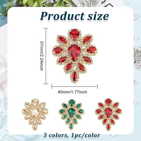 FINGERINSPIRE 3PCS Rhinestone Applique Siam Emerald Topaz Teardrop Shape Rhinestone Appliques Wedding Bridal Crystal Patches Fancy Beaded Flower Patch for Women Clothes Costume Decoration in Saudi Arabia