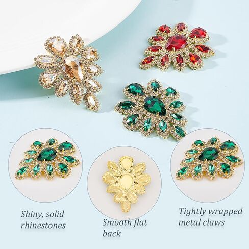 FINGERINSPIRE 3PCS Rhinestone Applique Siam Emerald Topaz Teardrop Shape Rhinestone Appliques Wedding Bridal Crystal Patches Fancy Beaded Flower Patch for Women Clothes Costume Decoration in Saudi Arabia