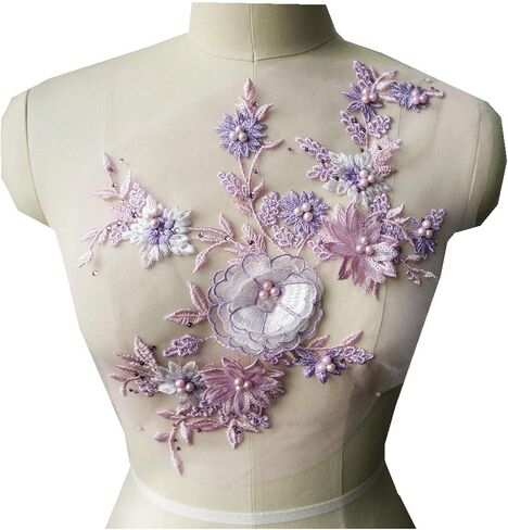 Fabric 3D Flowers Appliques Beads Rhinestones Embroidery Sew Patch for Wedding Decoration Dress DIY (Blue Purple) in Saudi Arabia