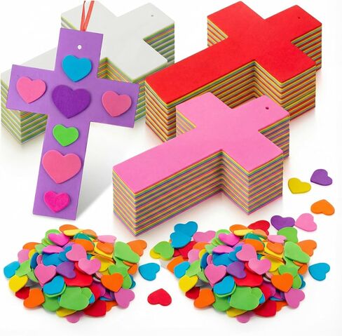 blueweenly 24 مجموعة عيد الحب رغوة الصليب الحرفية عدة للأطفال DIY الدينية المسيحية عيد الحب الحرفية اصنع قلبك الخاص من يسوع الصليب شنقا الحلي إيفا ملصقات القلب لحفلة عيد الفصح الكنيسة in Kuwait