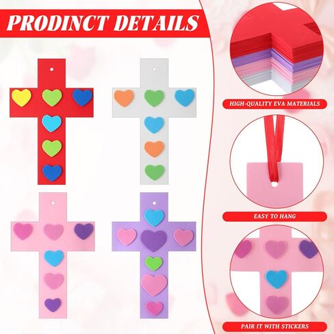 blueweenly 24 مجموعة عيد الحب رغوة الصليب الحرفية عدة للأطفال DIY الدينية المسيحية عيد الحب الحرفية اصنع قلبك الخاص من يسوع الصليب شنقا الحلي إيفا ملصقات القلب لحفلة عيد الفصح الكنيسة in Kuwait