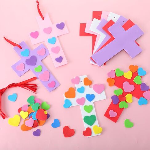 blueweenly 24 مجموعة عيد الحب رغوة الصليب الحرفية عدة للأطفال DIY الدينية المسيحية عيد الحب الحرفية اصنع قلبك الخاص من يسوع الصليب شنقا الحلي إيفا ملصقات القلب لحفلة عيد الفصح الكنيسة in Kuwait