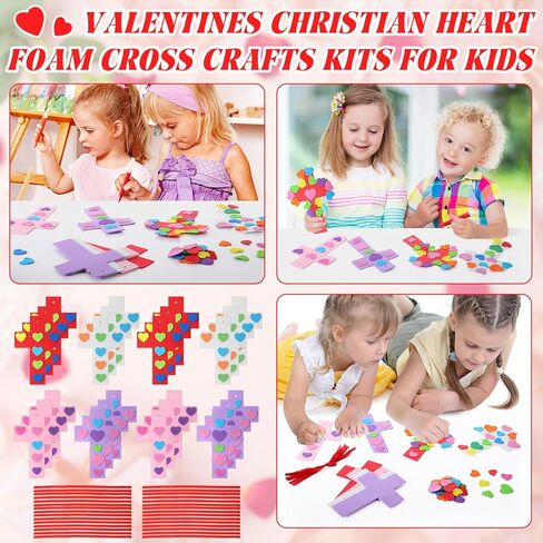 blueweenly 24 مجموعة عيد الحب رغوة الصليب الحرفية عدة للأطفال DIY الدينية المسيحية عيد الحب الحرفية اصنع قلبك الخاص من يسوع الصليب شنقا الحلي إيفا ملصقات القلب لحفلة عيد الفصح الكنيسة in Kuwait
