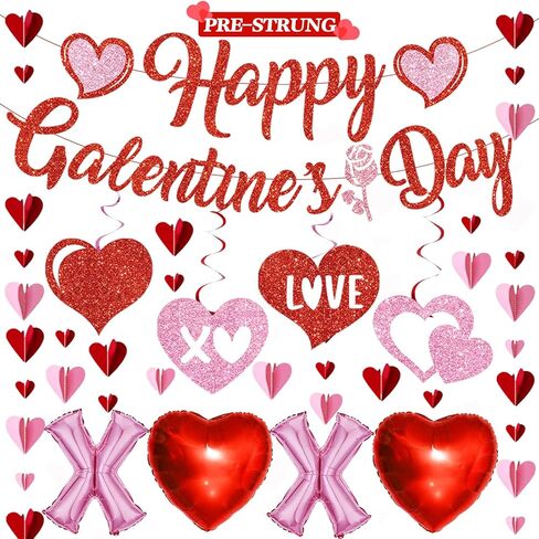 Pre-Strung Happy Galentines Day Banner Decorations, No DIY Galentines Decorations Red Pink Glitter Galentines Banner Sign Garland Hanging Swirls Balloons Ladies Girls Galentine’s Day Party Supplies in Saudi Arabia